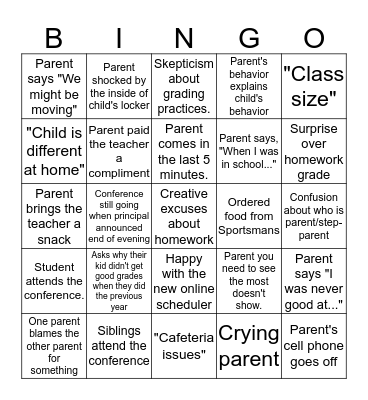 Parent/Teacher Conference Bingo Card