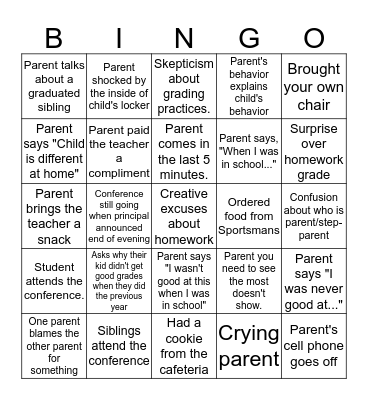 Parent/Teacher Conference Bingo Card