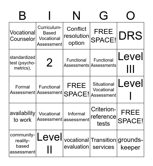 Vocational Assessment Bingo Card