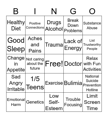 Depression Bingo Card