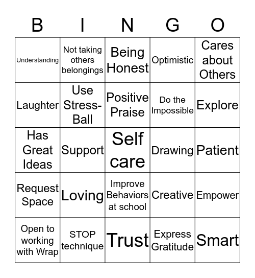 Coping Skills - Strengths - Needs Bingo Card