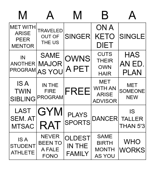 ARISE VISION Bingo Card