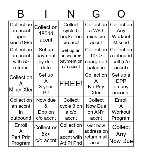 Charge off BINGO!! Bingo Card