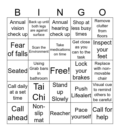 Fall Prevention Bingo Card