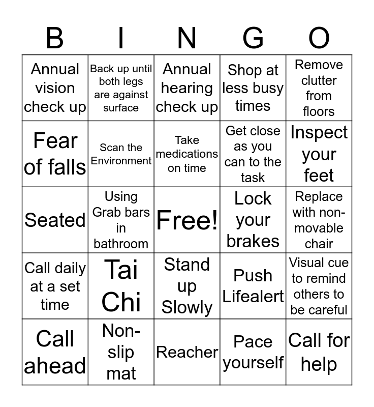Fall Prevention Bingo Card