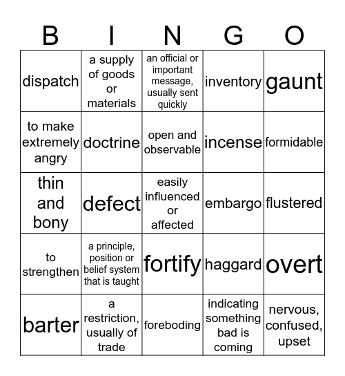 Level Blue Unit 8 Vocabulary Bingo Card