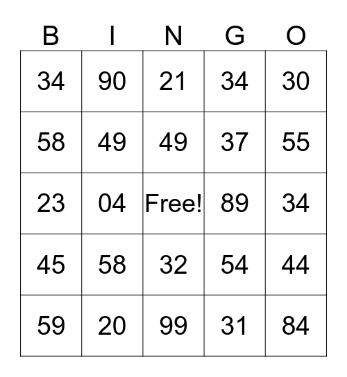 Number BINGO Card