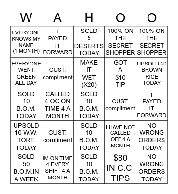 WAHOO'S BINGO CHALLENGE Bingo Card