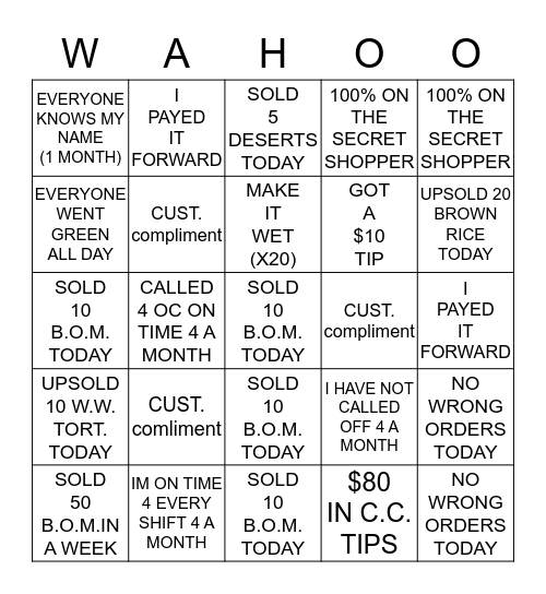 WAHOO'S BINGO CHALLENGE Bingo Card