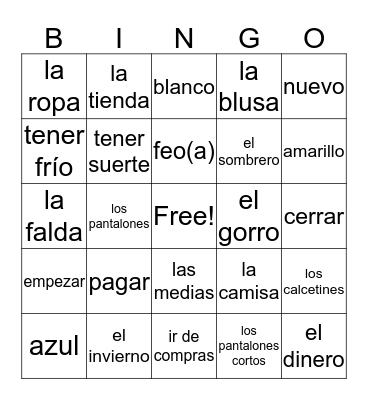 La ropa Bingo Card