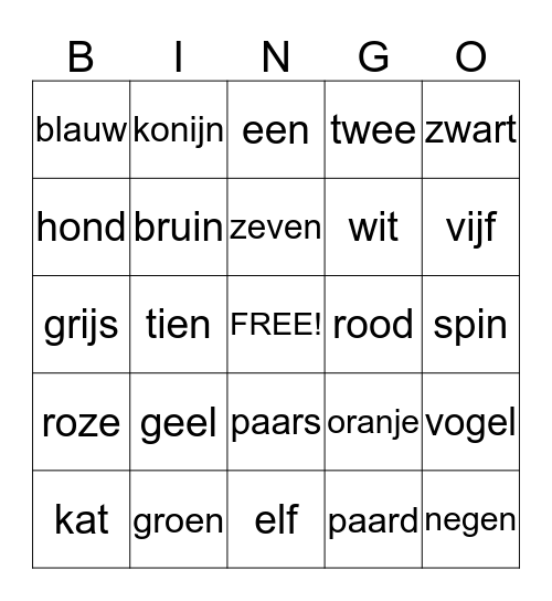 dieren-getallen-kleuren Bingo Card