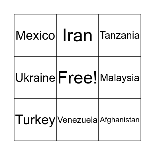 Country Bingo Card