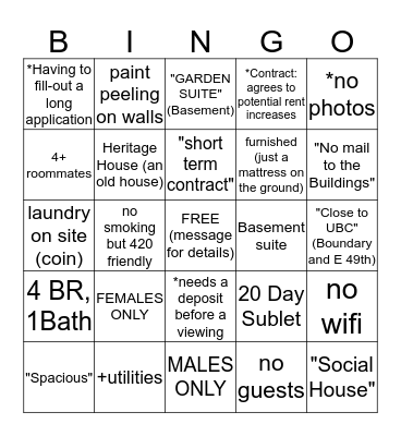 Apartment Bingo Card