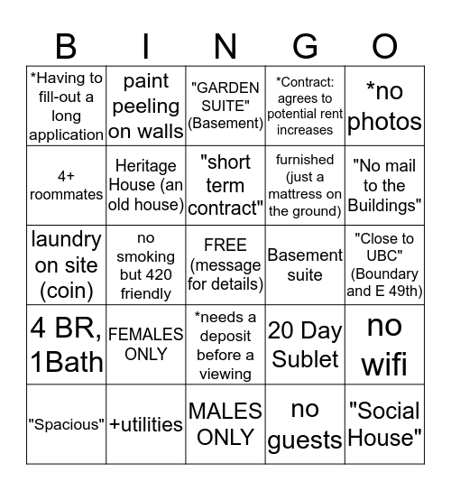 Apartment Bingo Card