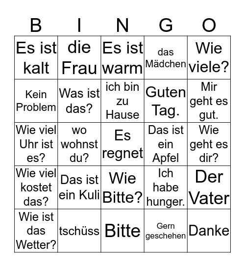 German Phrases Bingo Card