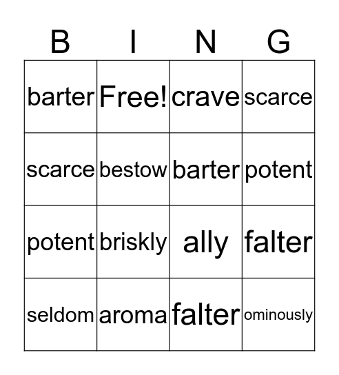 Vocabulary Bingo Card