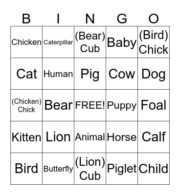 Animals and their baby Bingo Card