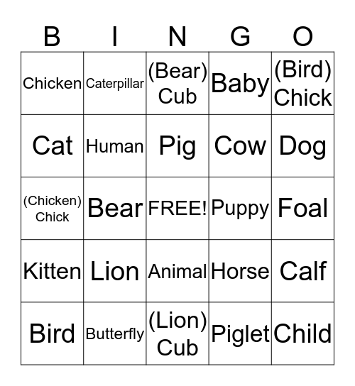 Animals and their baby Bingo Card