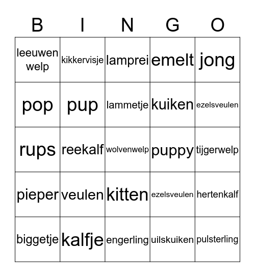 dieren en hun jongen Bingo Card