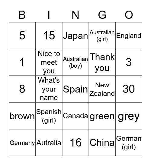 C/tries, #s and colours Bingo Card