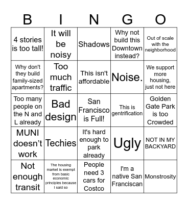 NIMBY BINGO Card