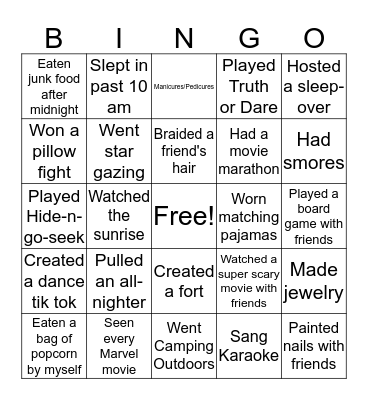 PJ Party Bingo Card