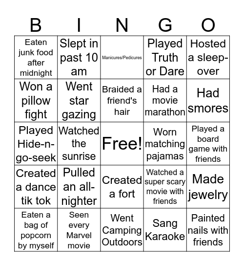 PJ Party Bingo Card