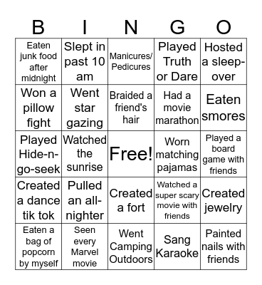 PJ Party Bingo Card