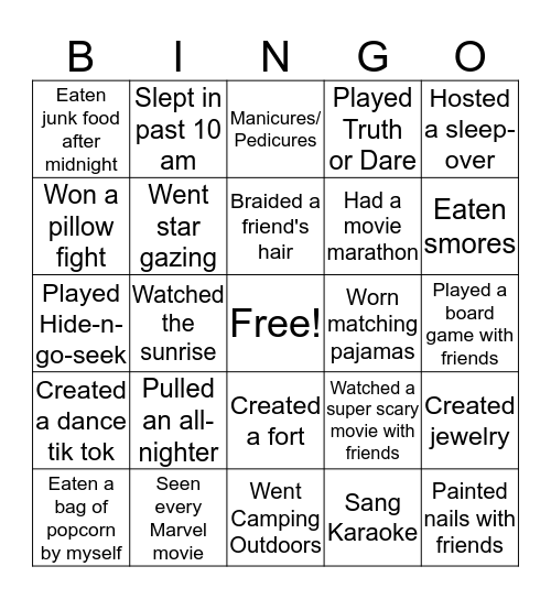 PJ Party Bingo Card