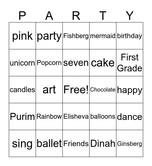 Elisheva's Birthday Bingo Card
