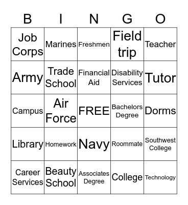 Post- Secondary Bingo Card