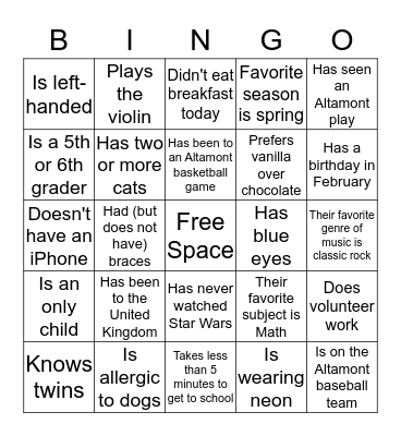 Big/Little Siblings Bingo Card