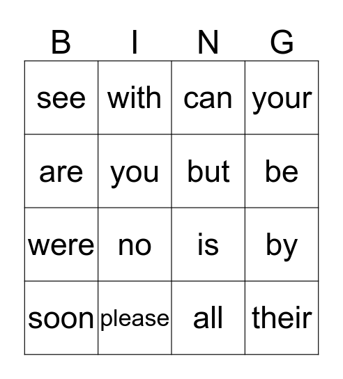 Sight words Bingo Card