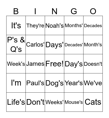 Apostrophe Bingo!! Bingo Card