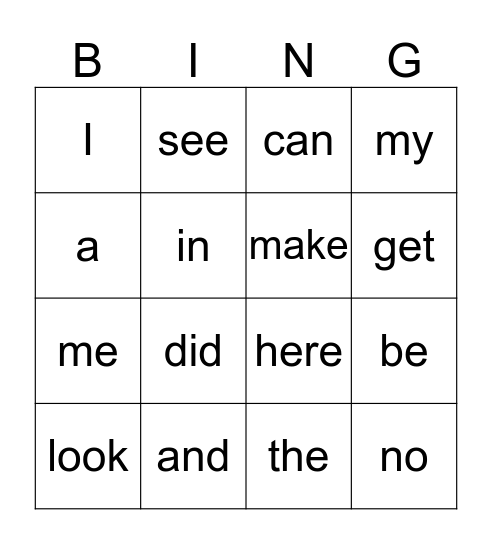 High Frequency Words Bingo Card