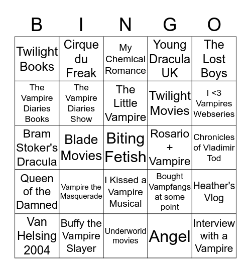 Vampire Youth 2000s Bingo Card