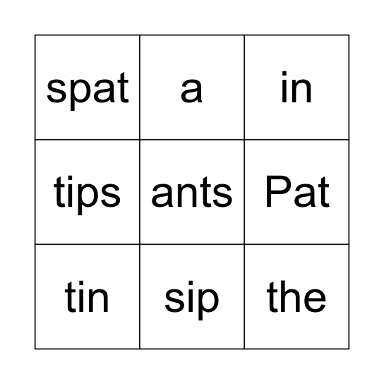 Pat Spat Ants Bingo Card