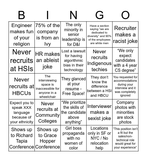Tech “Diversity” Recruitment Bingo Card