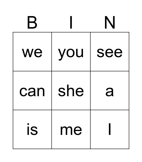 Shared reading Words Bingo Card