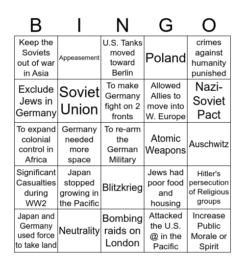 World War II Bingo Card