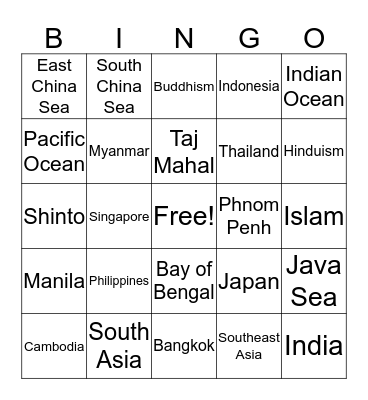 Southeast Asia and South Asia Bingo Card