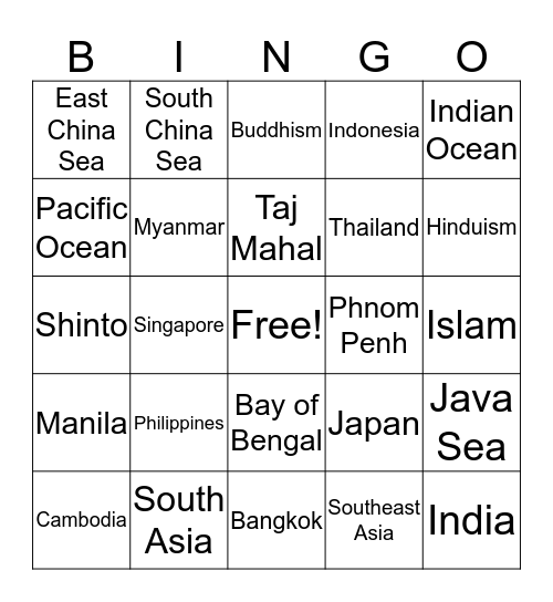 Southeast Asia and South Asia Bingo Card