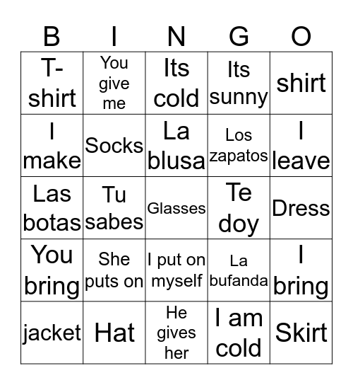 La ropa Bingo Card