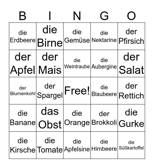 Gesund essen mit Obst und Gemüse! Bingo Card