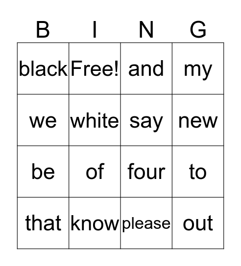 sight word Bingo Card