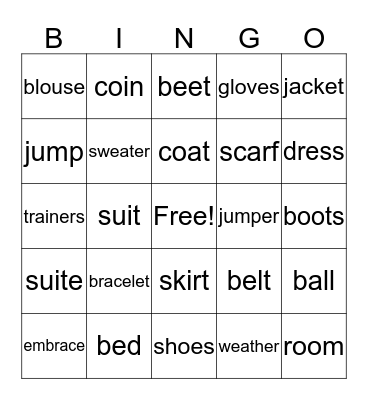CLOTHES Bingo Card