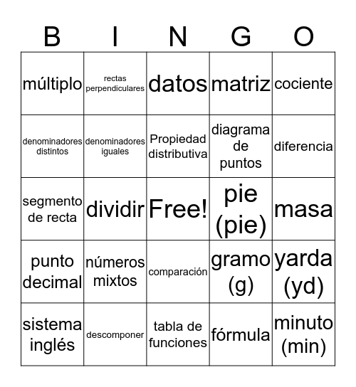 Spanish Math Vocab Bingo Card
