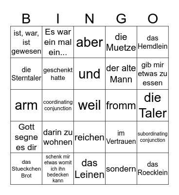 Sterntaler DTS Rotk ge verbs conjunctions  Bingo Card