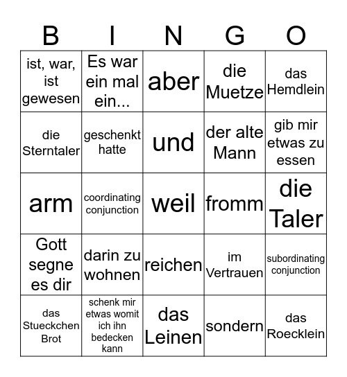 Sterntaler DTS Rotk ge verbs conjunctions  Bingo Card