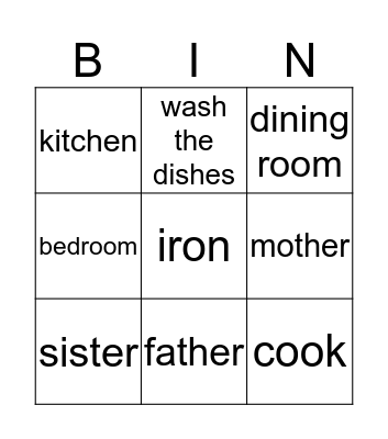 House Chores Bingo Card